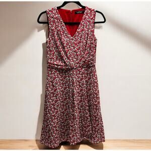 Ralph Lauren Black Label Size 2P Sleeveless Red Floral Lined Dress With Pockets